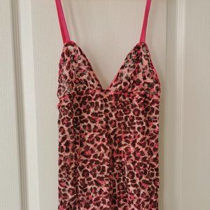 Victoria Secret pink leopard lingerie slip S w pink strap and pink lacy bottom